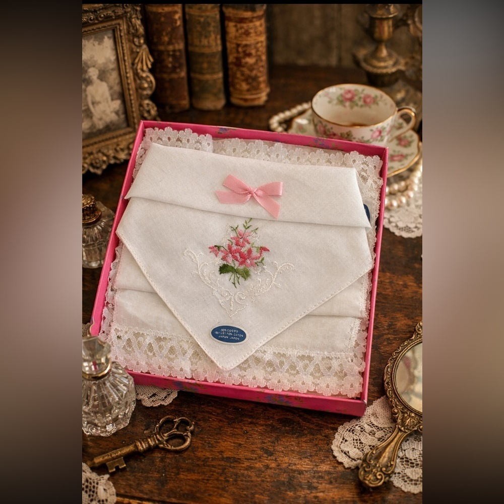 Vintage 2 White Handkerchief with Pink Floral Embroidery/Handkerchief with Lace.
